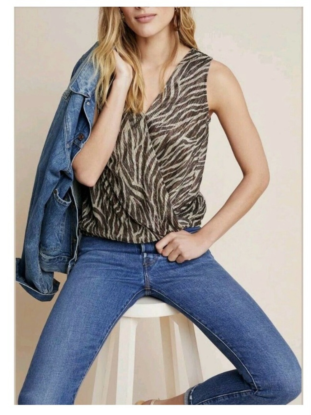 Anthropologie Eri + Ali Zebra Print V-Neck Blouse Top New XL